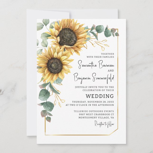 Invitación Boda moderno con vegetación de girasol floral botá (Anverso)