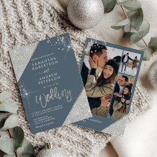 Invitación Boda moderno de 3 fotos y 3 Purpurinas de hielo az