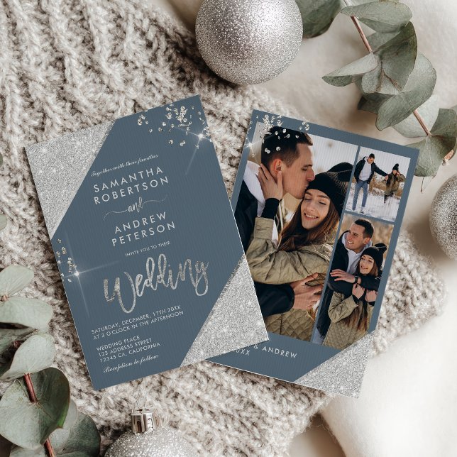 Invitación Boda moderno de 3 fotos y 3 Purpurinas de hielo az (Modern Ice Blue and Silver Glitter 3-Photo Wedding Invitation)