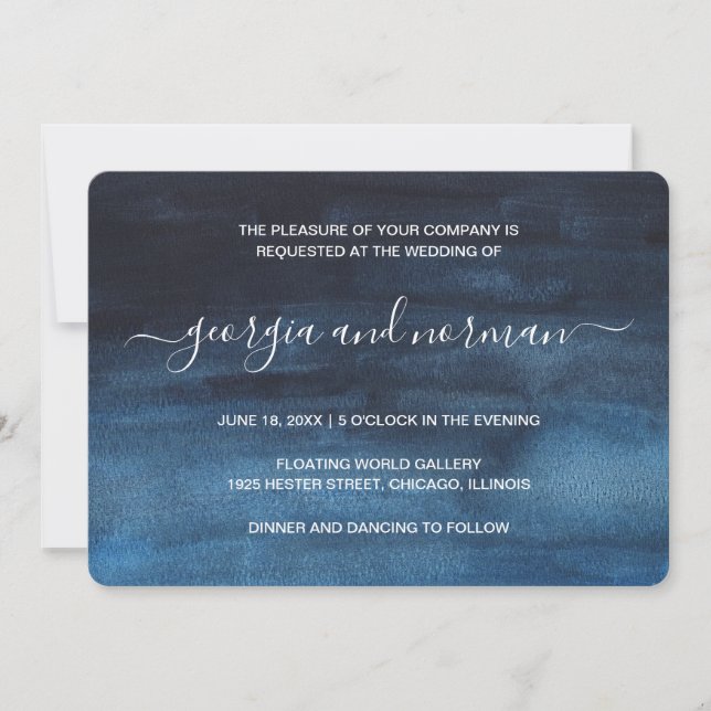 Invitación Boda moderno de acuarela azul de la marina (Anverso)