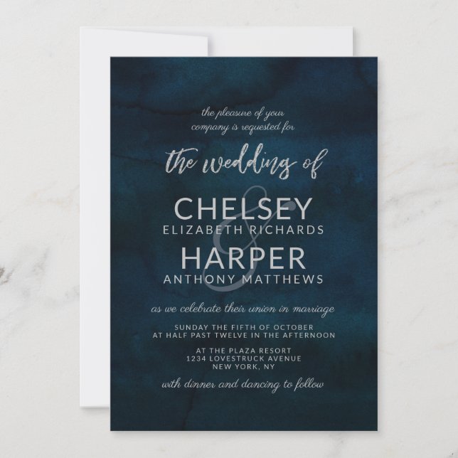 Invitación Boda moderno de acuarela azul oscuro de la Marina  (Anverso)