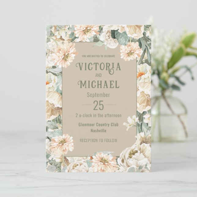 Invitación Boda moderno de acuarela floral verde (Anverso de pie)