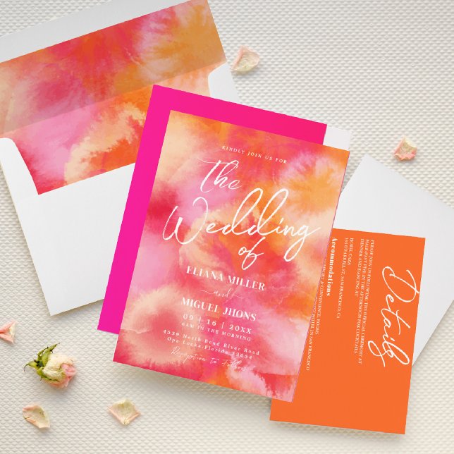 Invitación Boda moderno de acuarela rosa y Naranja (Subido por el creador)