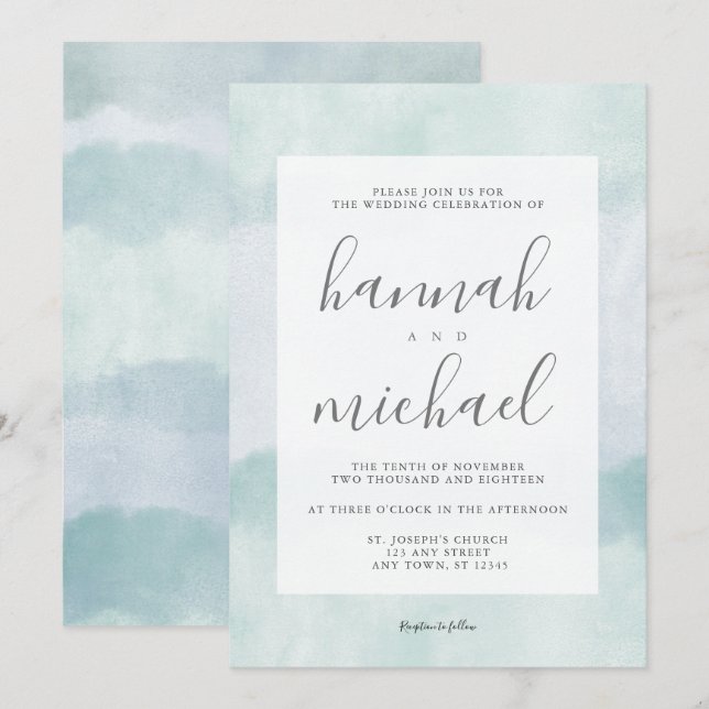 Invitación Boda moderno de acuarela verde azul de vidrio mari (Anverso / Reverso)