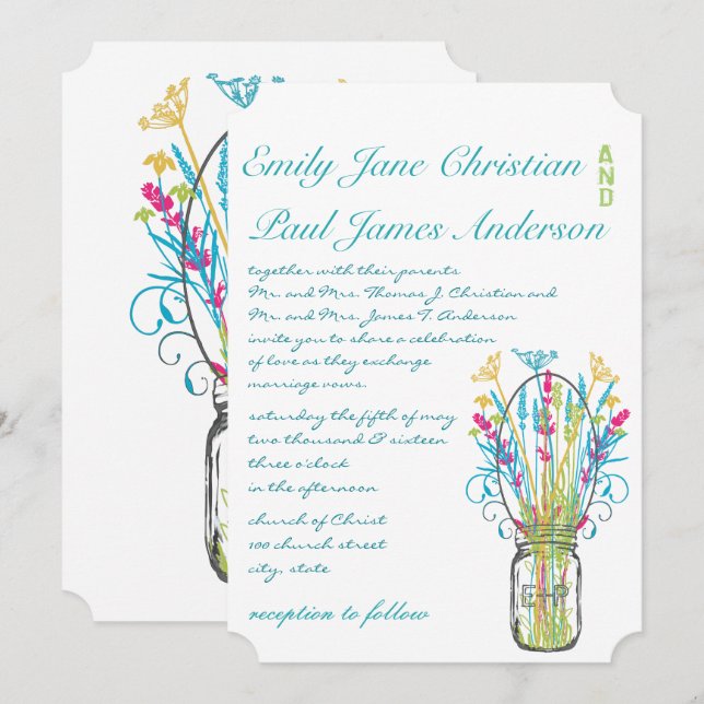 Invitación Boda moderno de animaciones amarillas de Mason Jar (Anverso / Reverso)