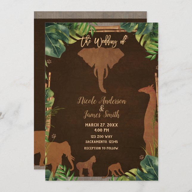 Invitación Boda moderno de animales del zoológico de la selva (Anverso / Reverso)