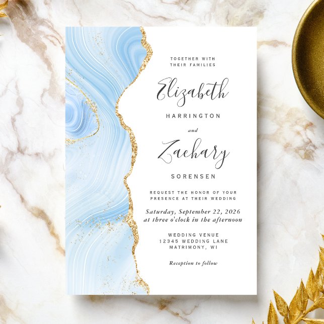 Invitación Boda moderno de Baby Blue Gold Agate (The perfect choice for a baby blue and gold themed wedding.)