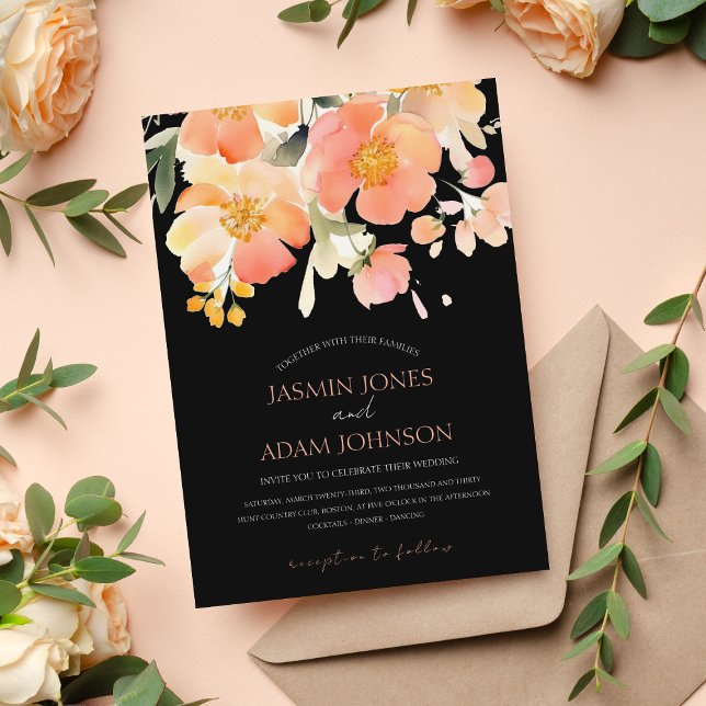 Invitación Boda moderno de Boho Naranja Peach y Black Floral (Subido por el creador)