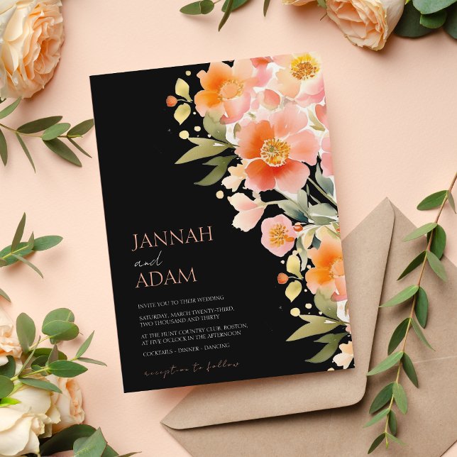 Invitación Boda moderno de Boho Naranja Peach y Black Floral (Subido por el creador)