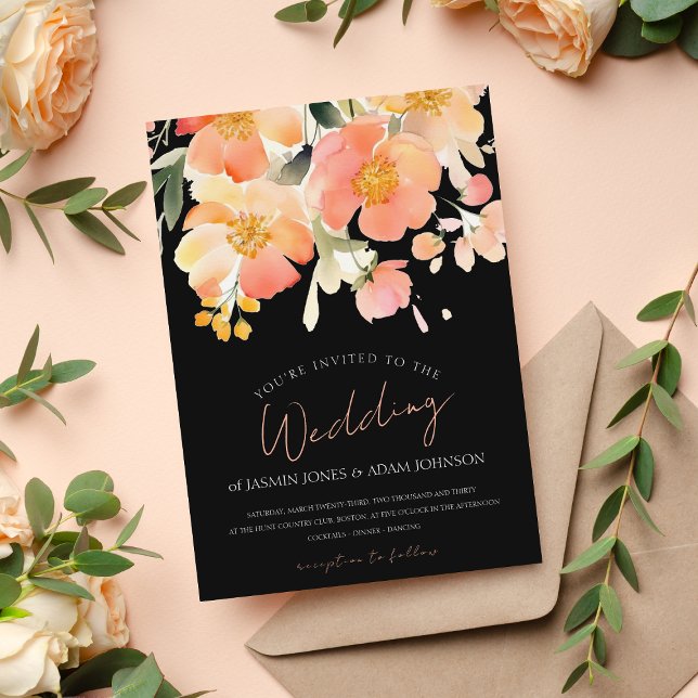 Invitación Boda moderno de Boho Naranja Peach y Black Floral (Subido por el creador)