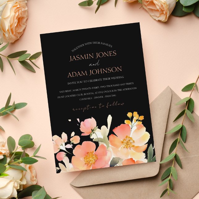 Invitación Boda moderno de Boho Naranja Peach y Black Floral (Subido por el creador)