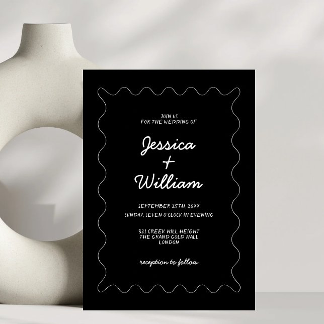 Invitación Boda moderno de bordes ondulados negros y blancos (Subido por el creador)