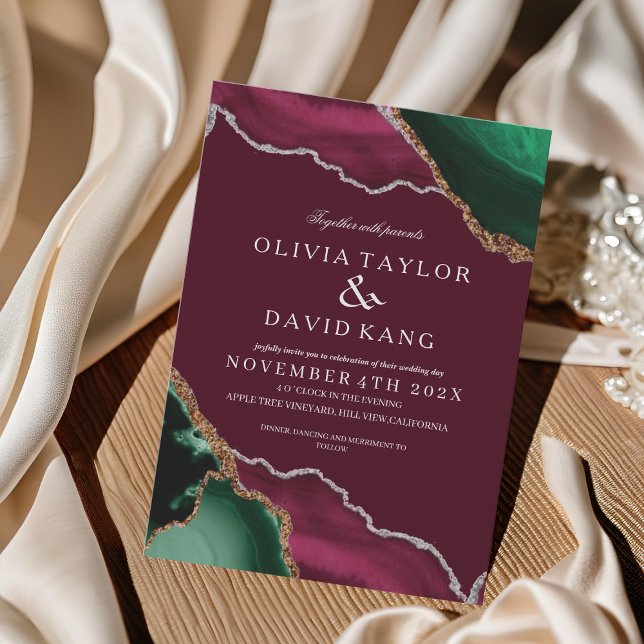 Invitación Boda moderno de Borgoña y Agate Verde (Subido por el creador)