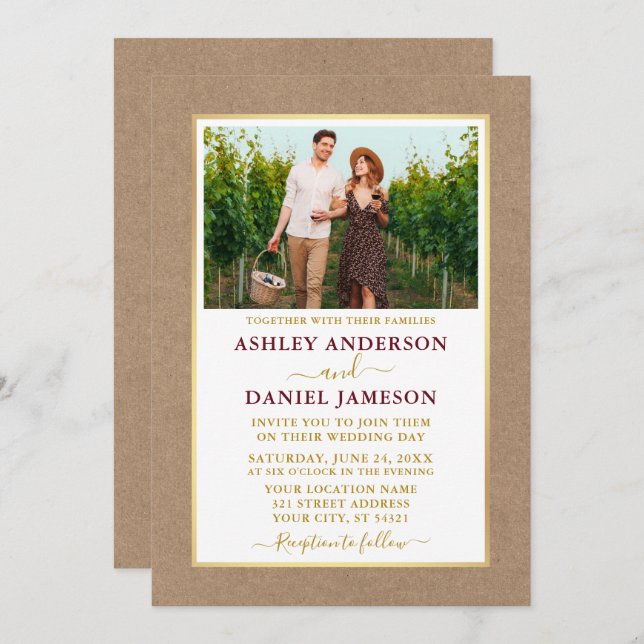 Invitación Boda moderno de Burgundy Gold Kraft (Anverso / Reverso)