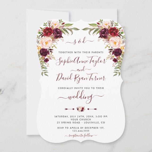 Invitación Boda moderno de caligrafía floral Rubor en Borgoña (Anverso)