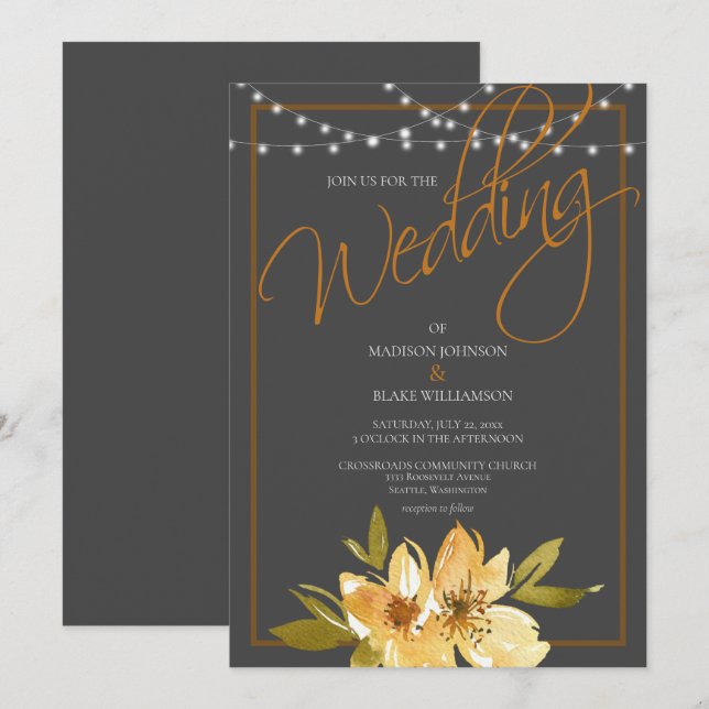Invitación Boda moderno de carbón vegetal gris, amarillo y co (Anverso / Reverso)