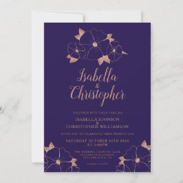 Invitación Boda moderno de cobre y flores azules de medianoch