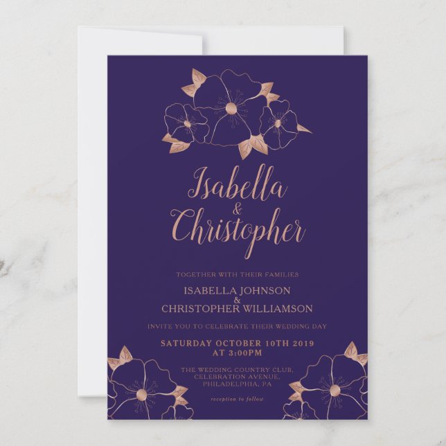 Invitación Boda moderno de cobre y flores azules de medianoch (Anverso)