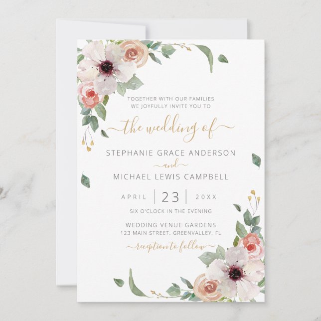 Invitación Boda moderno de color acuático rosa Floral (Anverso)