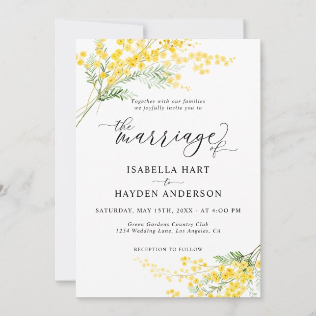 Invitación Boda moderno de color amarillo Mimosa Silver Wattl (Anverso)