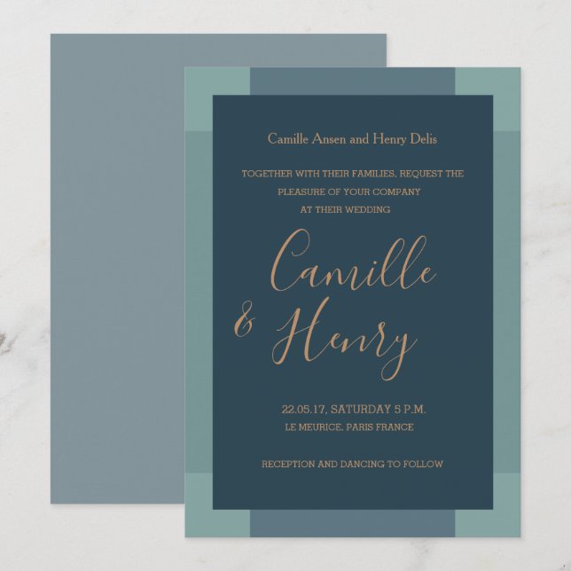 Invitación Boda moderno de color turquesa azul marino (Anverso / Reverso)