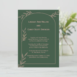 Invitación Boda moderno de color verde oscuro y hoja rosa