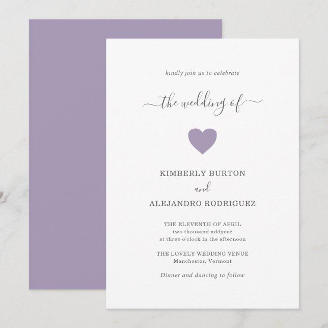 Invitación Boda moderno de corazón púrpura simple y turbio (Anverso / Reverso)