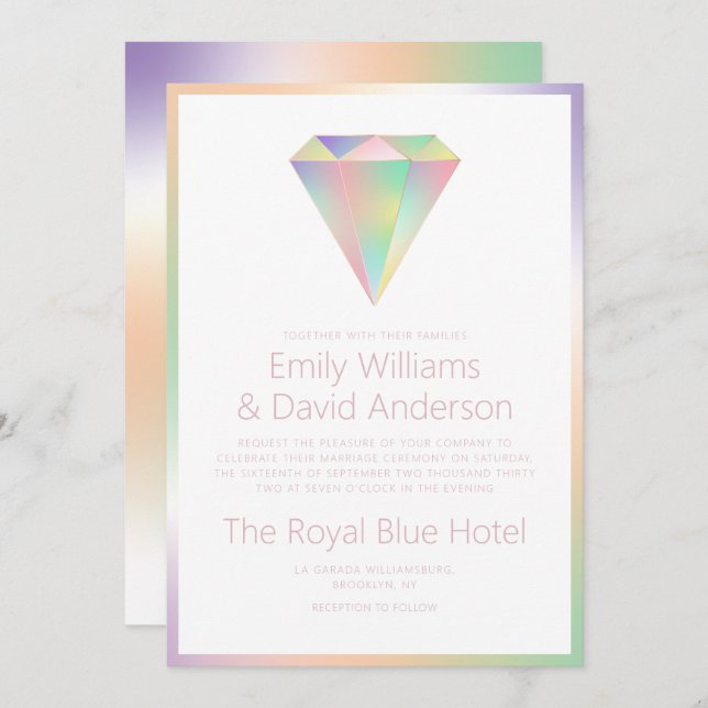 Invitación Boda moderno de diamantes arcoiris irlandeses (Anverso / Reverso)