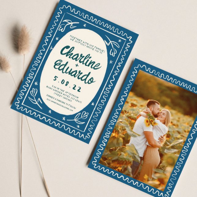 Invitación Boda moderno de escritura a mano con onda azul (Subido por el creador)