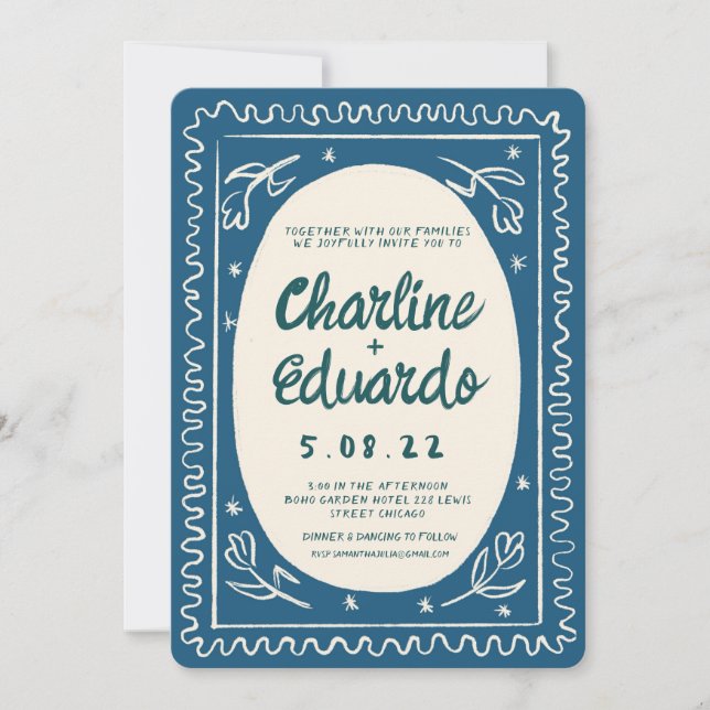 Invitación Boda moderno de escritura a mano con onda azul (Anverso)