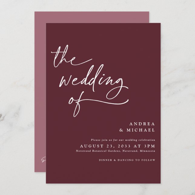 Invitación Boda moderno de escritura a mano de Borgoña / Merl (Anverso / Reverso)
