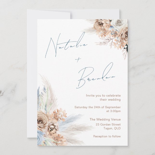 Invitación Boda moderno de escritura azul de Boho Dusty (Anverso)