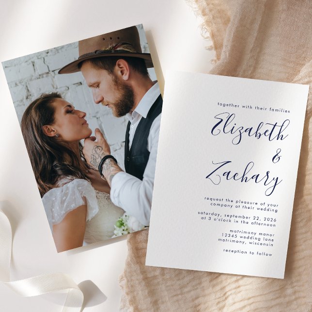 Invitación Boda moderno de escritura azul de la Marina Minima (Subido por el creador)