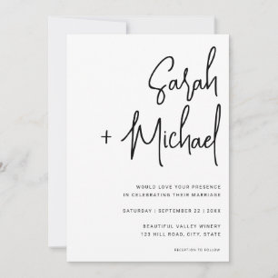 Invitación Boda moderno de escritura minimalista negro y blan