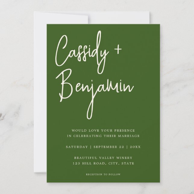 Invitación Boda moderno de escritura verde forestal Minimalis (Anverso)