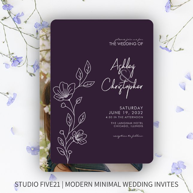 Invitación Boda moderno de esquema de follaje morado oscuro (Subido por el creador)