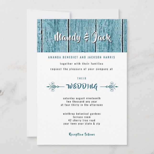 Invitación Boda moderno de estilo rústico azul de madera (Anverso)