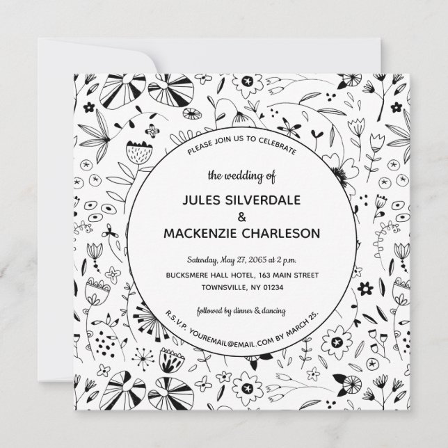 Invitación Boda moderno de flor salvaje monocroma (Anverso)