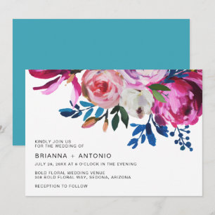 Invitación Boda moderno de floración rosa brillante Verde azu