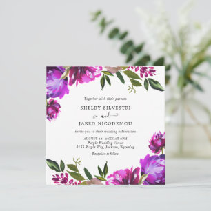 Invitación Boda moderno de Floral Púrpura brillante en negrit
