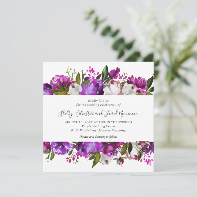 Invitación Boda moderno de Floral Púrpura brillante en negrit (Anverso de pie)