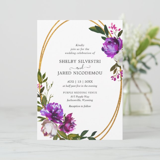 Invitación Boda moderno de Floral Púrpura brillante en negrit (Anverso de pie)