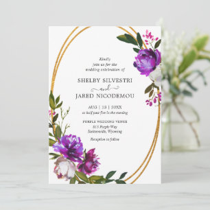 Invitación Boda moderno de Floral Púrpura brillante en negrit