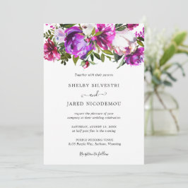 Invitación Boda moderno de Floral Púrpura brillante en negrit