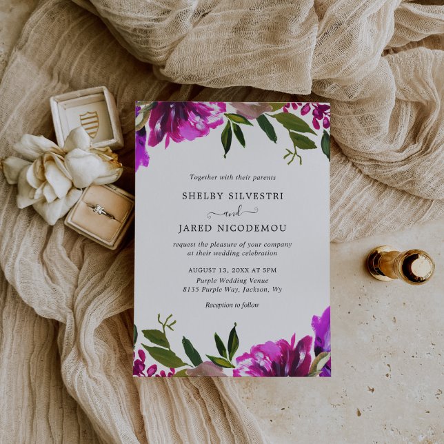 Invitación Boda moderno de Floral Púrpura brillante en negrit (Subido por el creador)