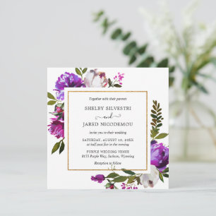 Invitación Boda moderno de Floral Púrpura brillante en negrit