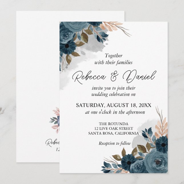 Invitación Boda moderno de flores azul marino (Anverso / Reverso)