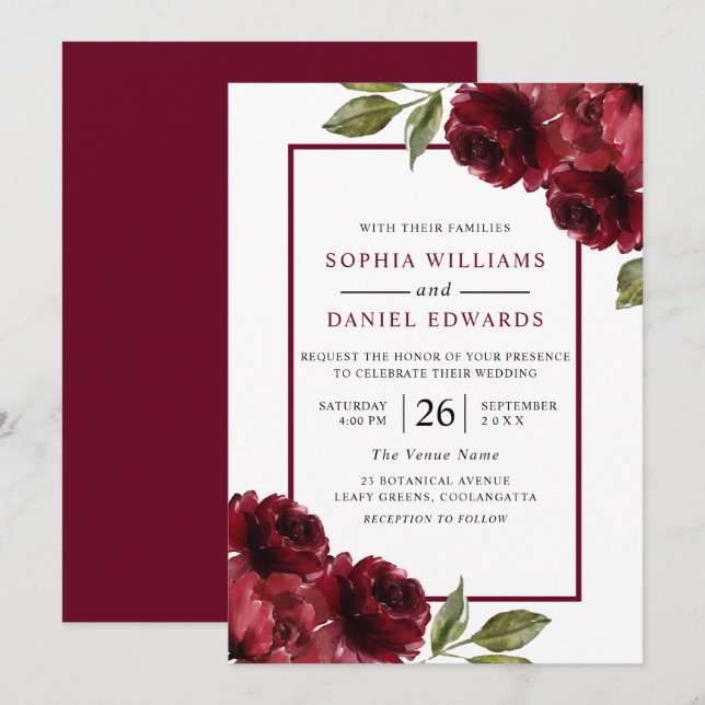 Invitación Boda moderno de flores rojas borgoñas románticas (Anverso / Reverso)