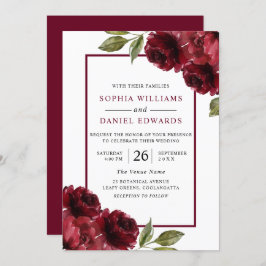 Invitación Boda moderno de flores rojas borgoñas románticas