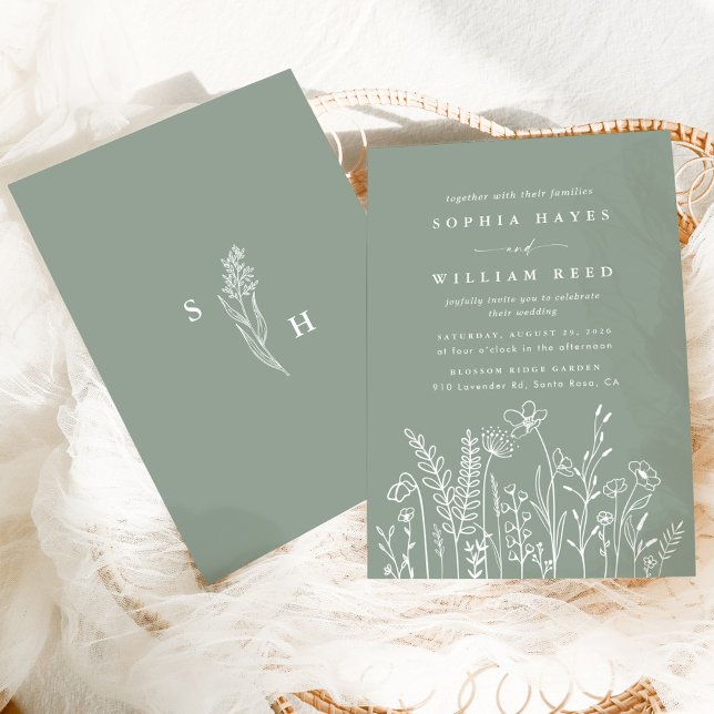 Invitación Boda moderno de flores silvestres verdes Boho Sage (Subido por el creador)